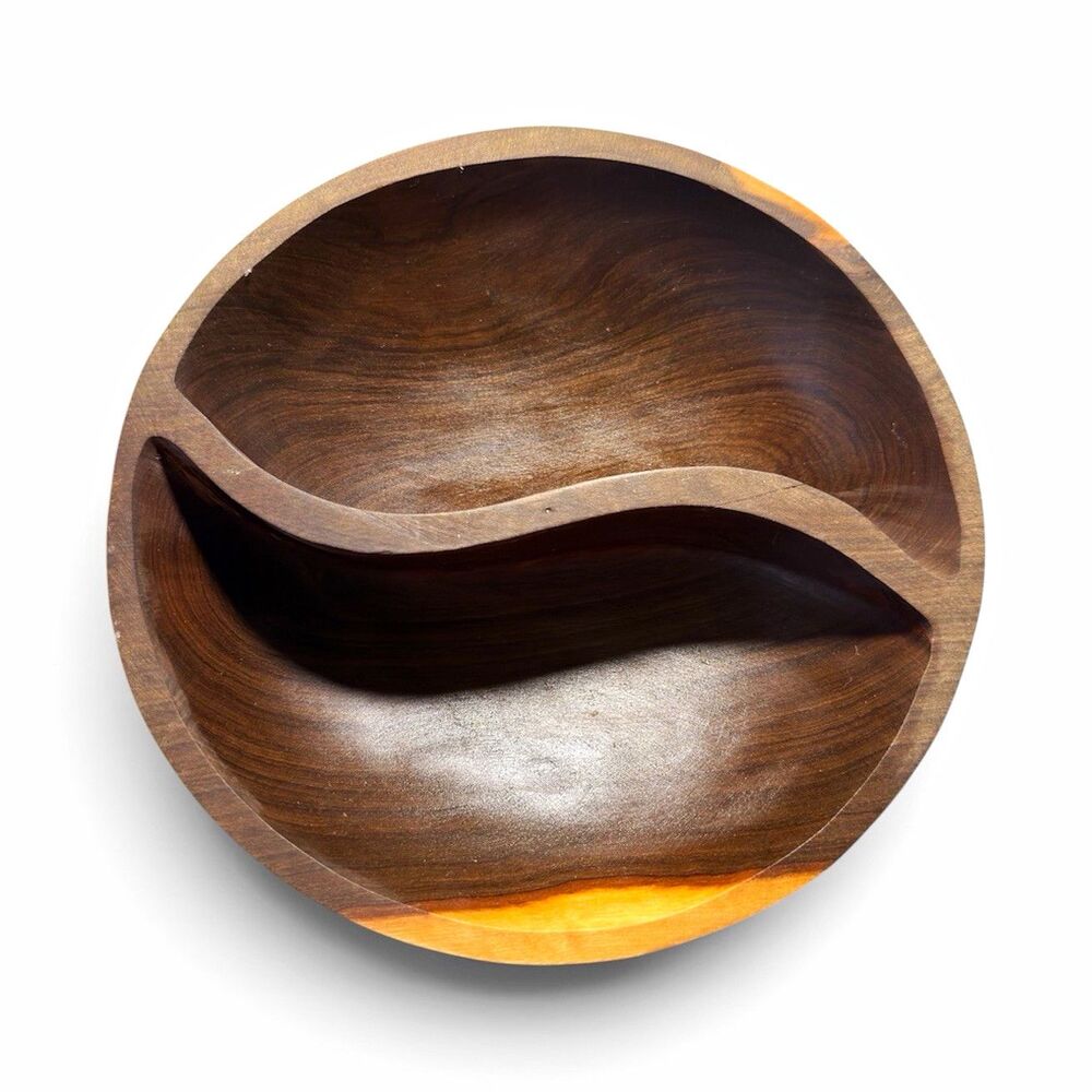 Acacia Creations Round Divided Serving Bowl Wood Grain Matte Brown